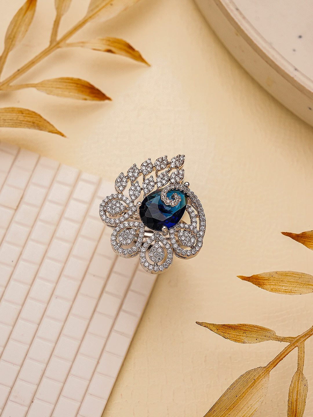 Silver Plated Sapphire Blue AD Zircon Studded Designer Statement Adjustable Finger Ring