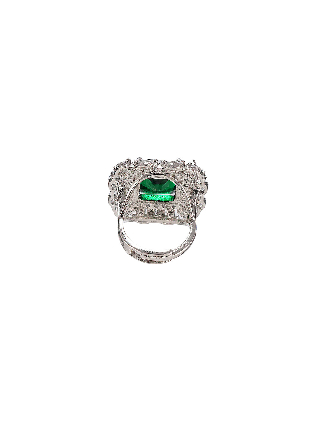 Silver Toned sapphire Blue Zircon Embedded Statement Adjustable Finger Ring