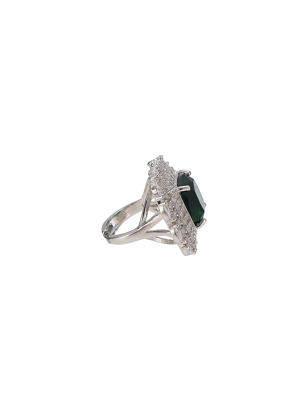 Silver Toned sapphire Blue Zircon Embedded Statement Adjustable Finger Ring
