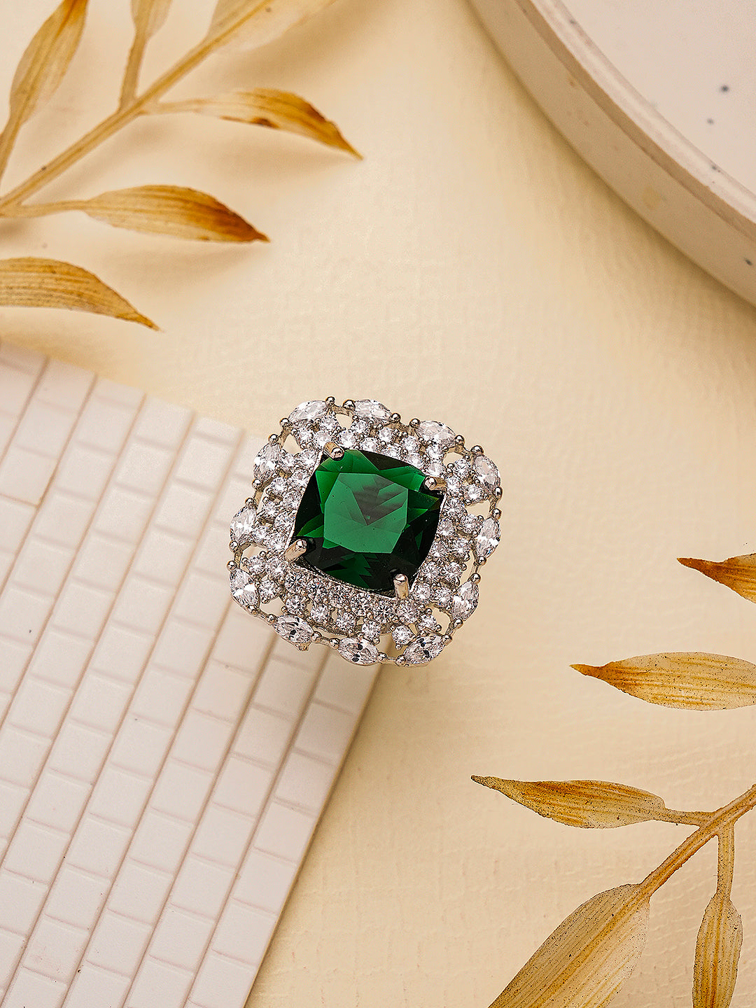 Silver Toned sapphire Blue Zircon Embedded Statement Adjustable Finger Ring