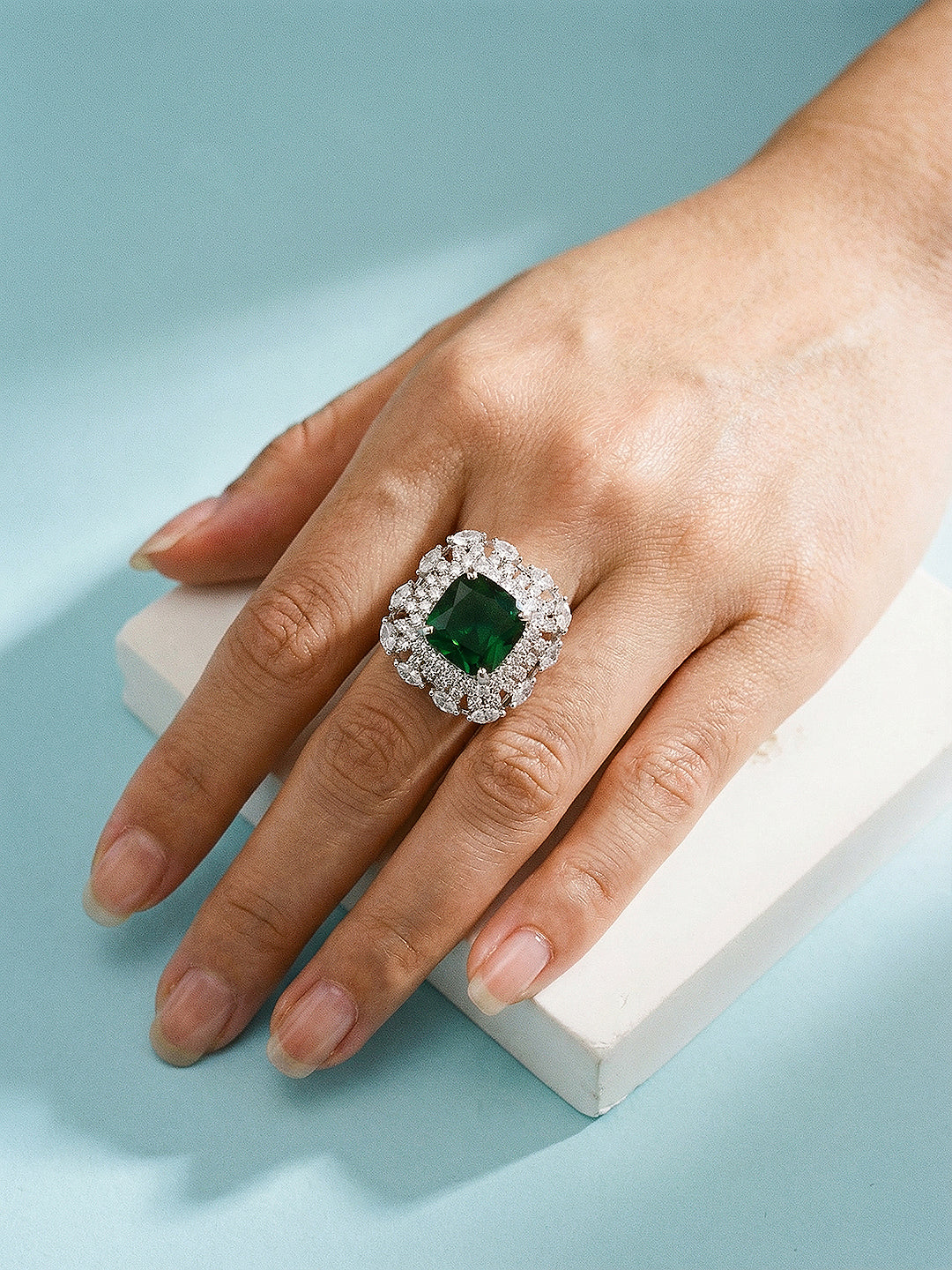 Silver Toned sapphire Blue Zircon Embedded Statement Adjustable Finger Ring