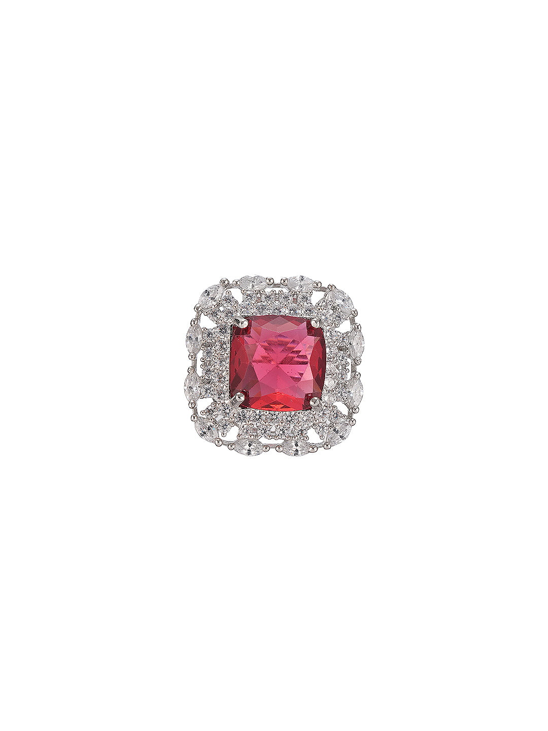 Silver Toned Ruby Red  Zircon Embedded Statement Adjustable Finger Ring