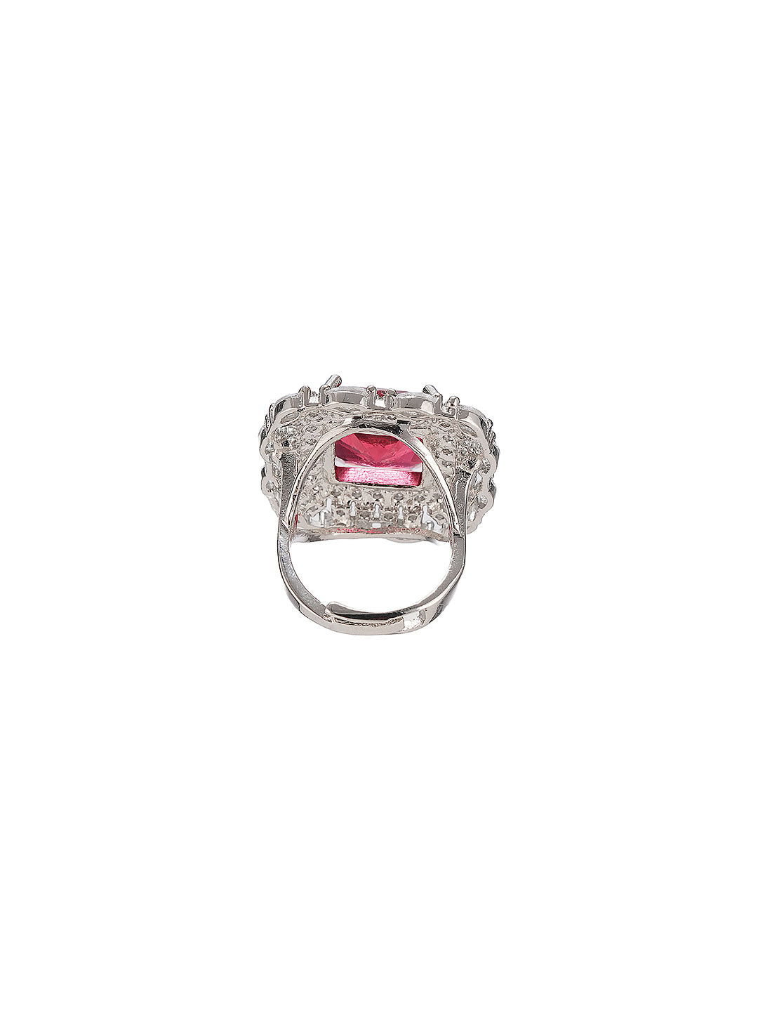 Silver Toned Ruby Red  Zircon Embedded Statement Adjustable Finger Ring