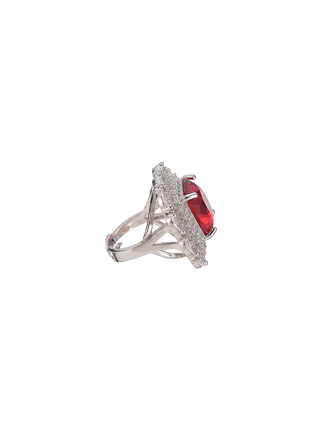 Silver Toned Ruby Red  Zircon Embedded Statement Adjustable Finger Ring