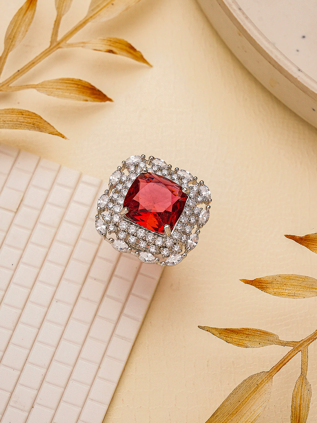 Silver Toned Ruby Red  Zircon Embedded Statement Adjustable Finger Ring