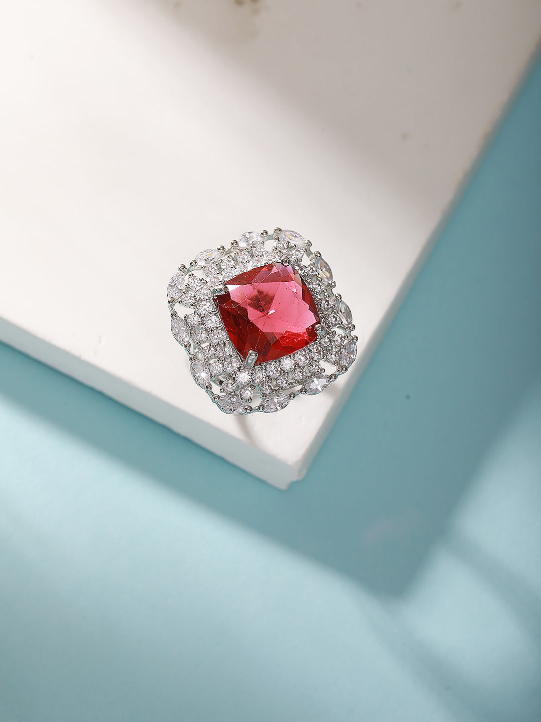 Silver Toned Ruby Red  Zircon Embedded Statement Adjustable Finger Ring