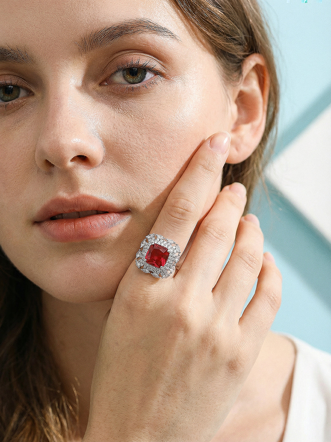 Silver Toned Ruby Red  Zircon Embedded Statement Adjustable Finger Ring