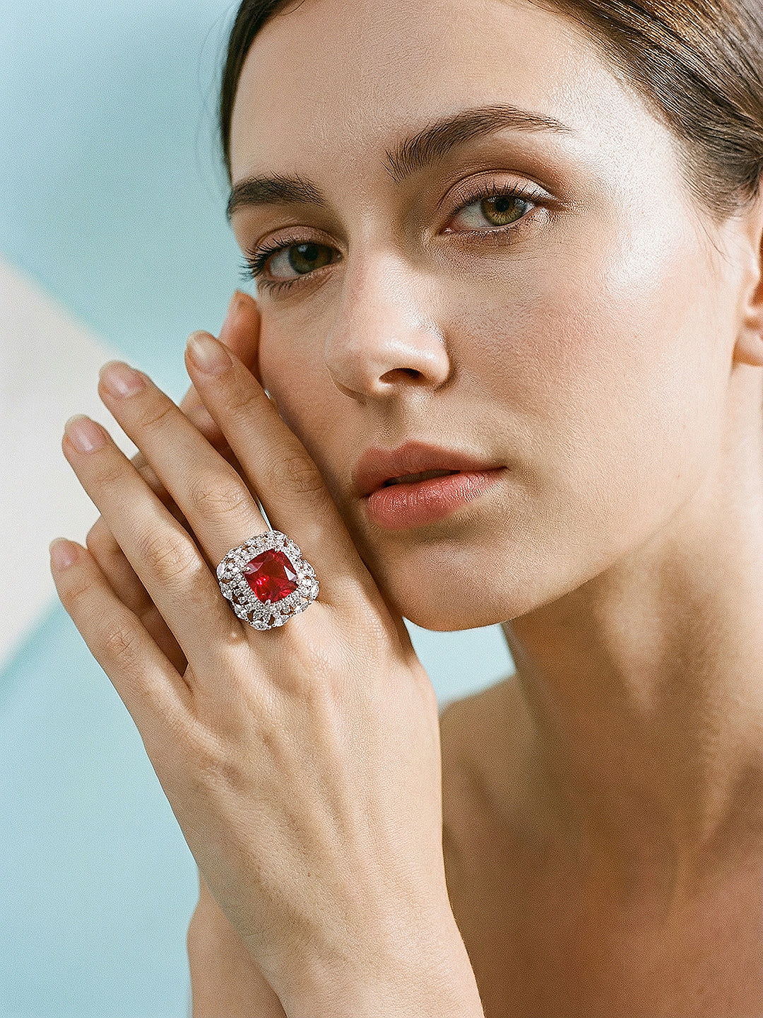Silver Toned Ruby Red  Zircon Embedded Statement Adjustable Finger Ring