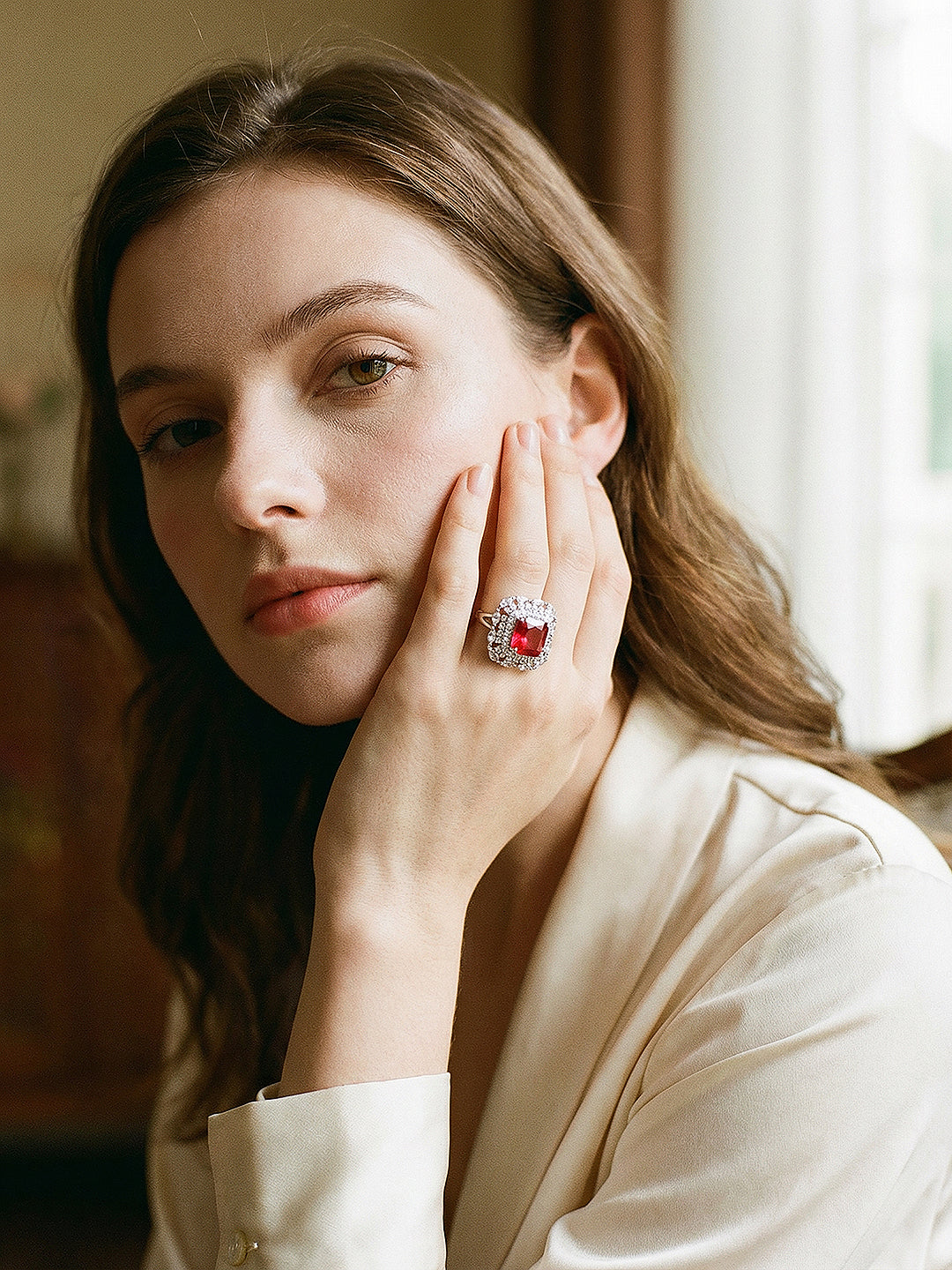 Silver Toned Ruby Red  Zircon Embedded Statement Adjustable Finger Ring