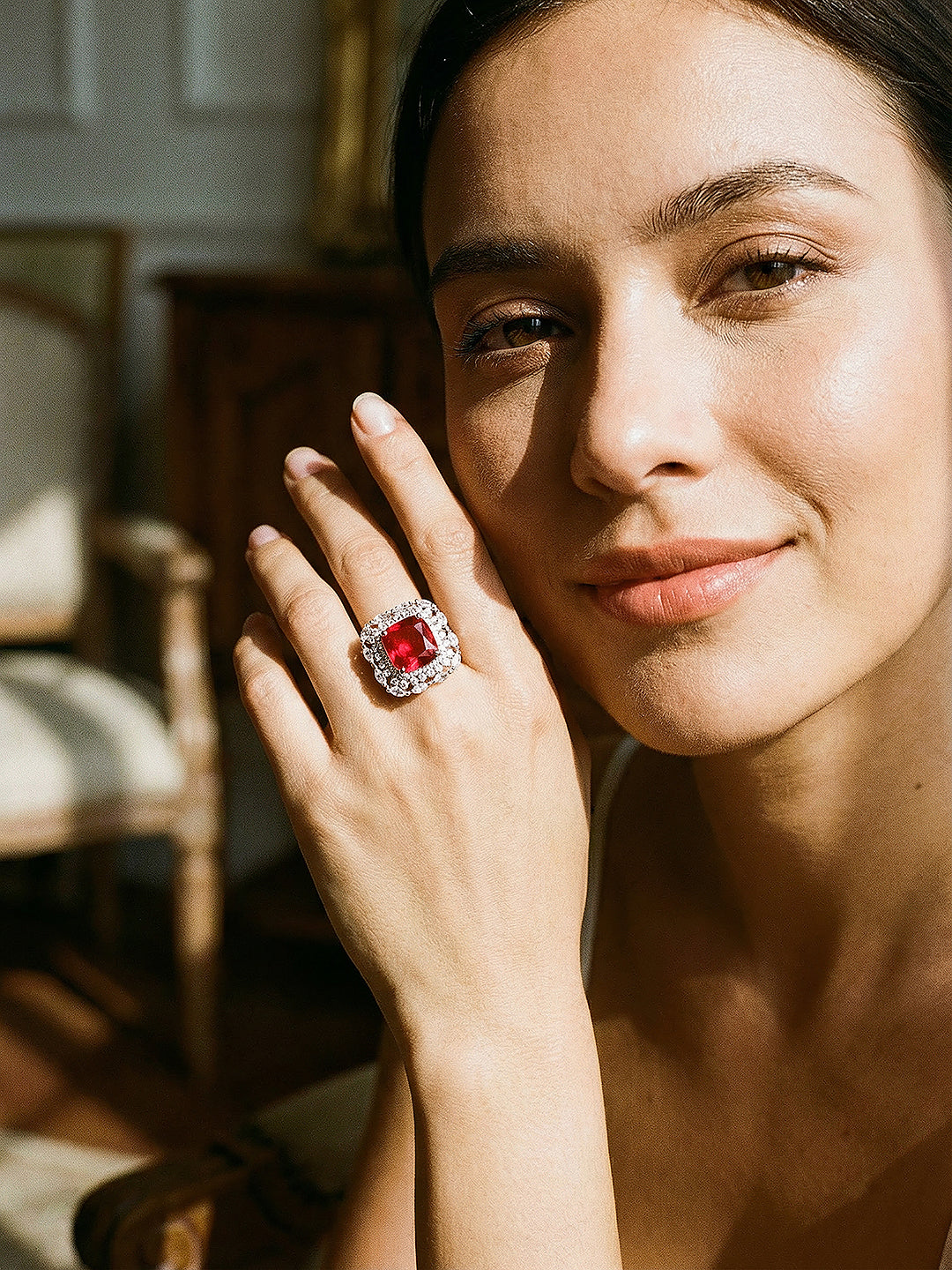 Silver Toned Ruby Red  Zircon Embedded Statement Adjustable Finger Ring