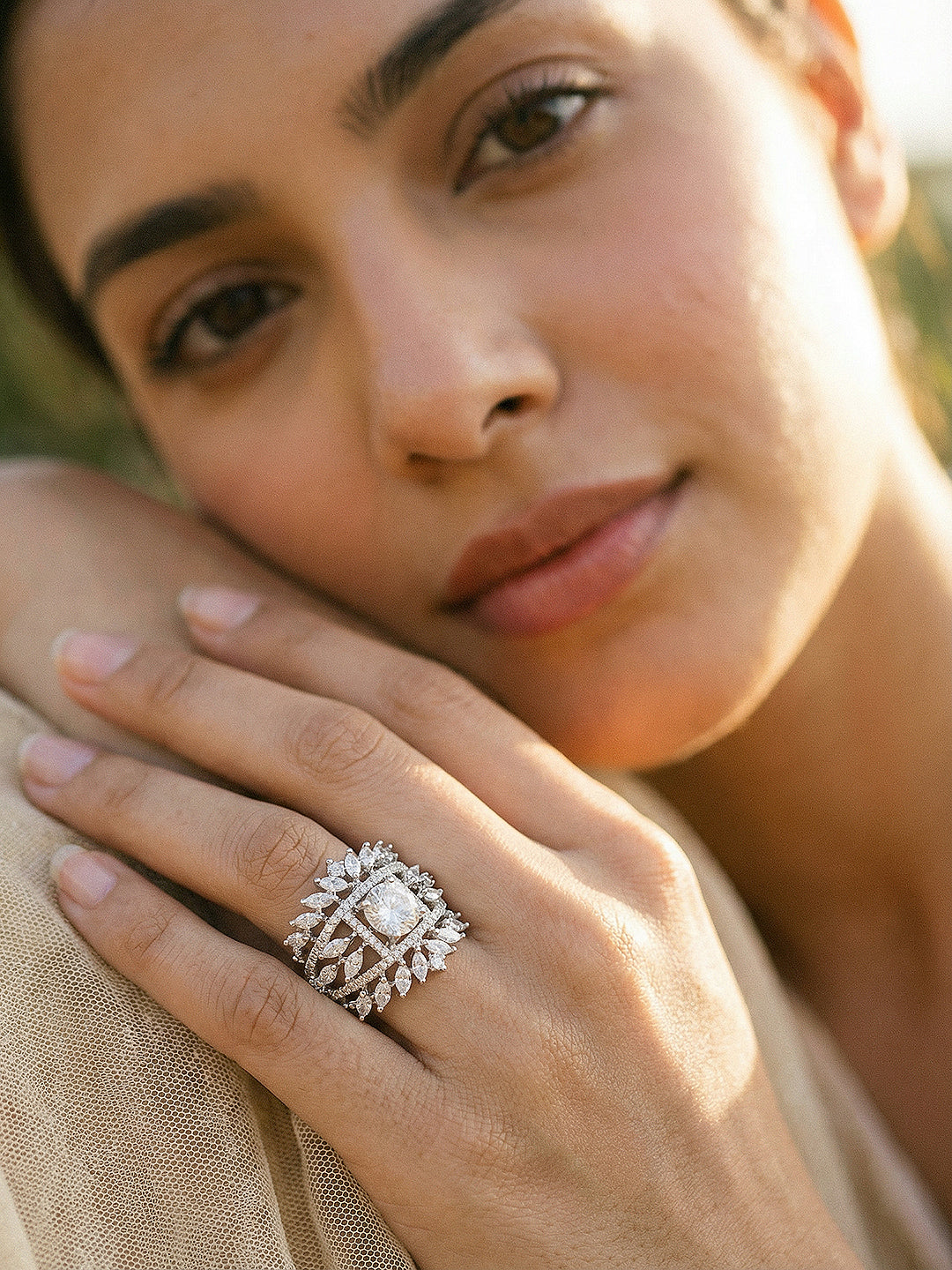 Silver Toned AD Zircon Studded Engagement Solitaire Adjustable Finger Ring