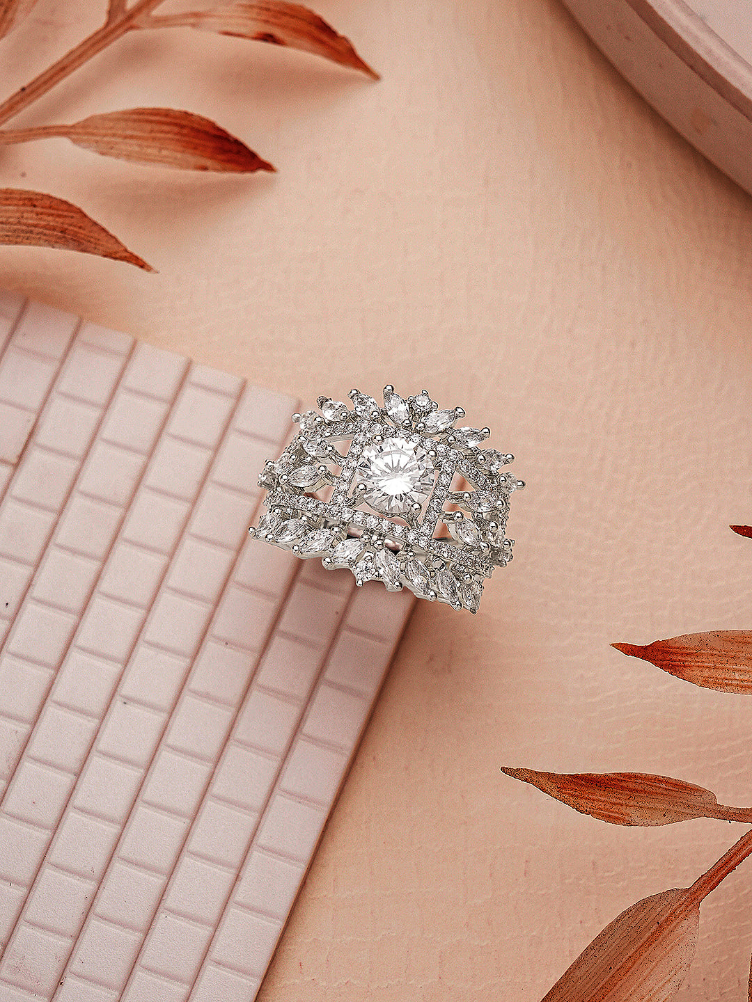 Silver Toned AD Zircon Studded Engagement Solitaire Adjustable Finger Ring