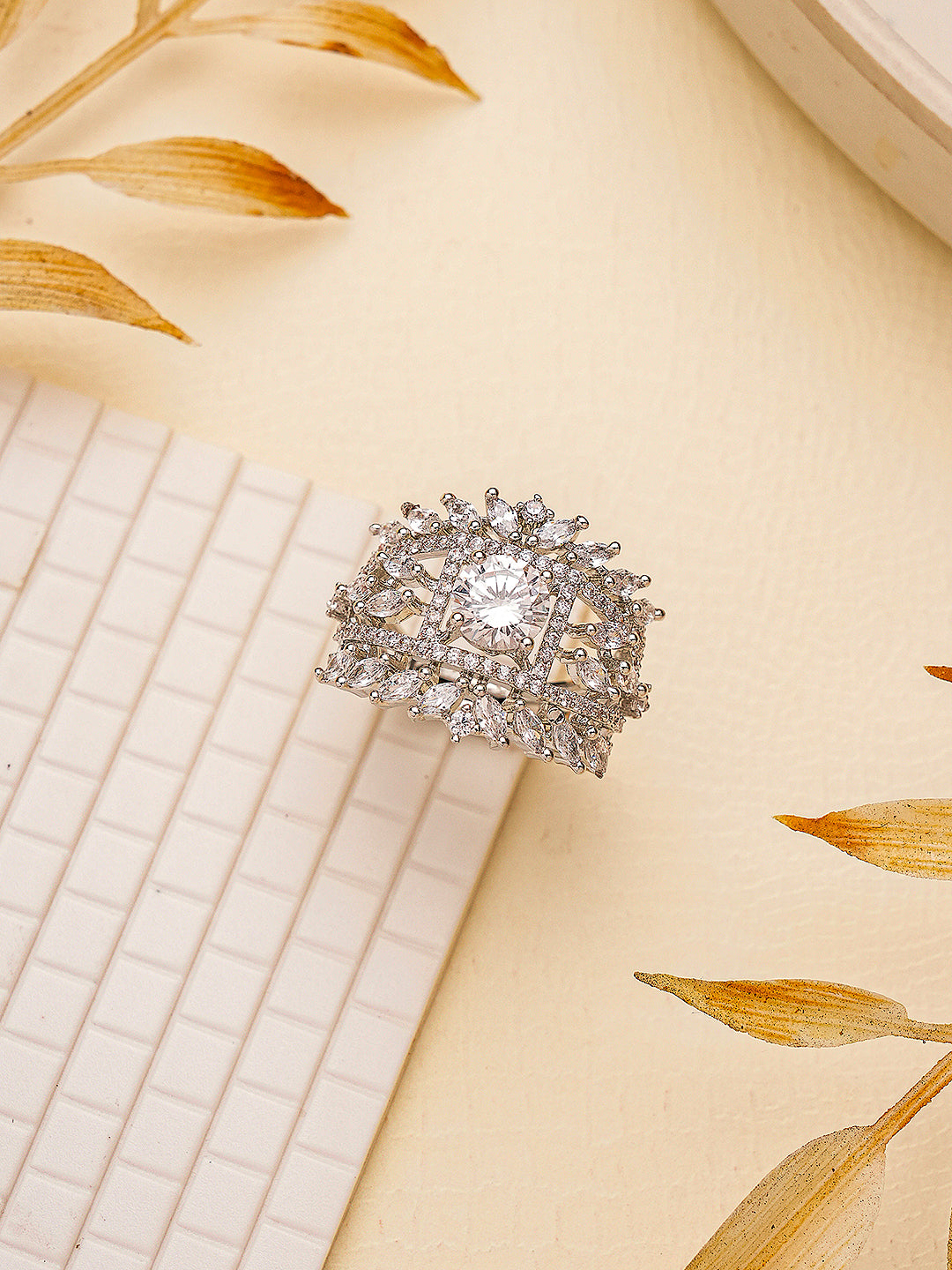 Silver Toned AD Zircon Studded Engagement Solitaire Adjustable Finger Ring