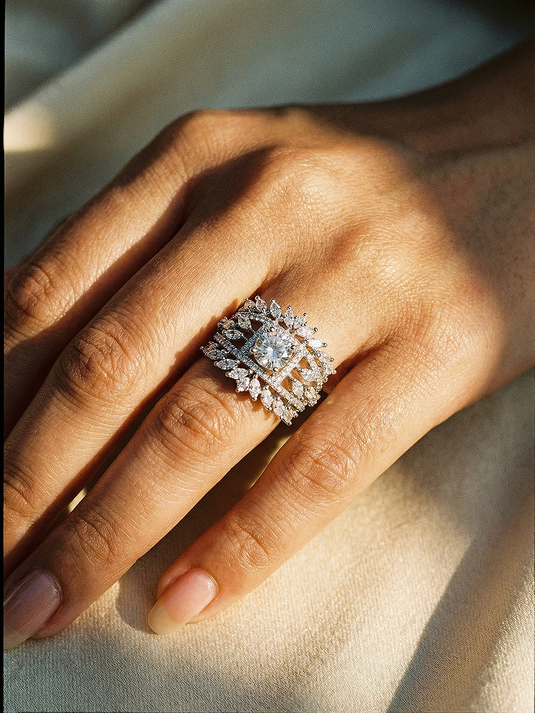 Silver Toned AD Zircon Studded Engagement Solitaire Adjustable Finger Ring