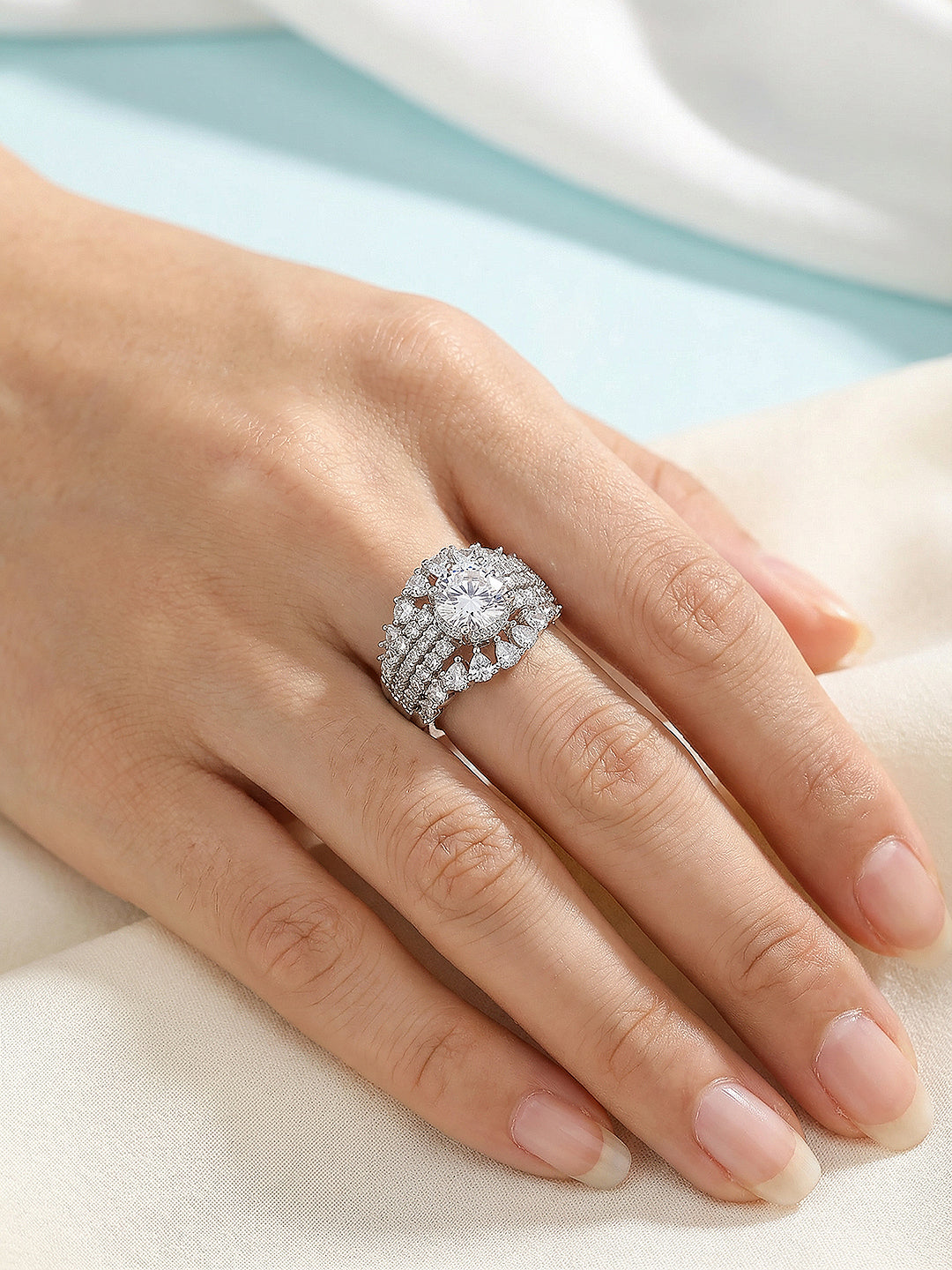 Silver Toned AD Zircon Studded Solitaire Bridal Adjustable Finger Ring