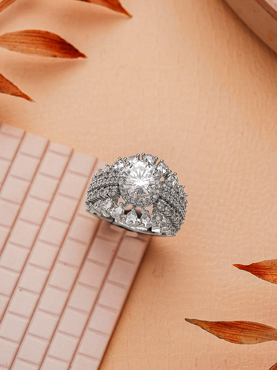 Silver Toned AD Zircon Studded Solitaire Bridal Adjustable Finger Ring