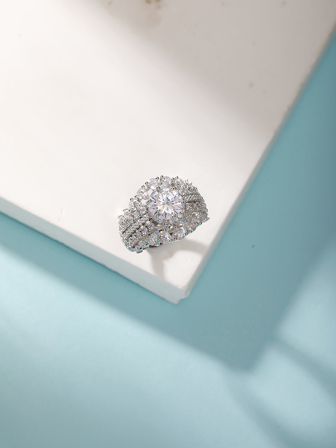 Silver Toned AD Zircon Studded Solitaire Bridal Adjustable Finger Ring