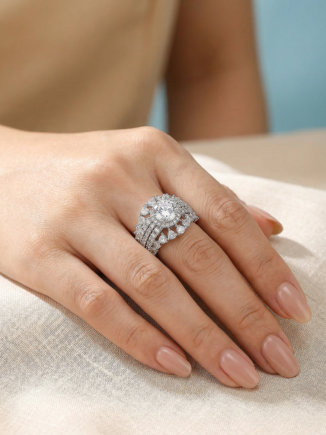 Silver Toned AD Zircon Studded Solitaire Bridal Adjustable Finger Ring