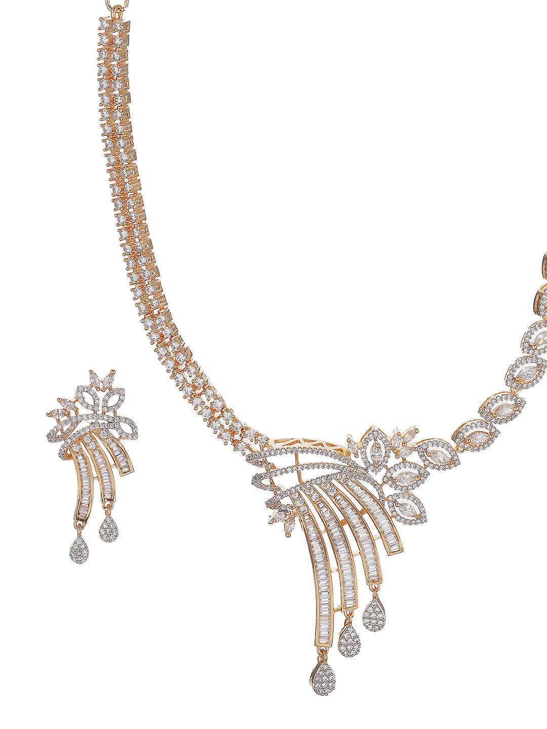 Gold Toned White AD Zircon Studded Peacock Motif Contemporary Necklace Jewellery Set