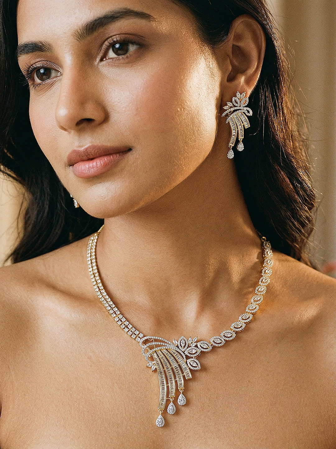 Gold Toned White AD Zircon Studded Peacock Motif Contemporary Necklace Jewellery Set