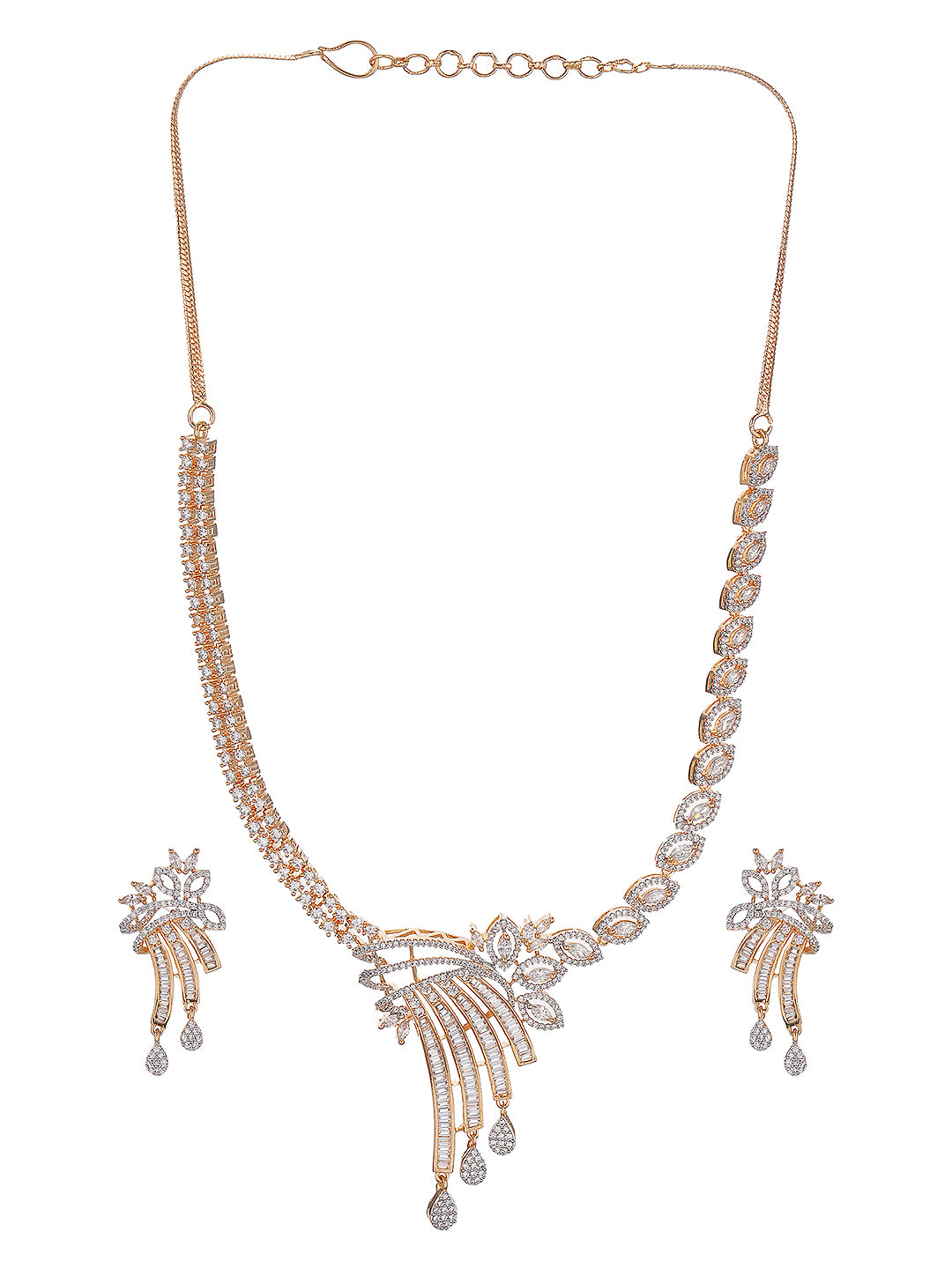 Gold Toned White AD Zircon Studded Peacock Motif Contemporary Necklace Jewellery Set