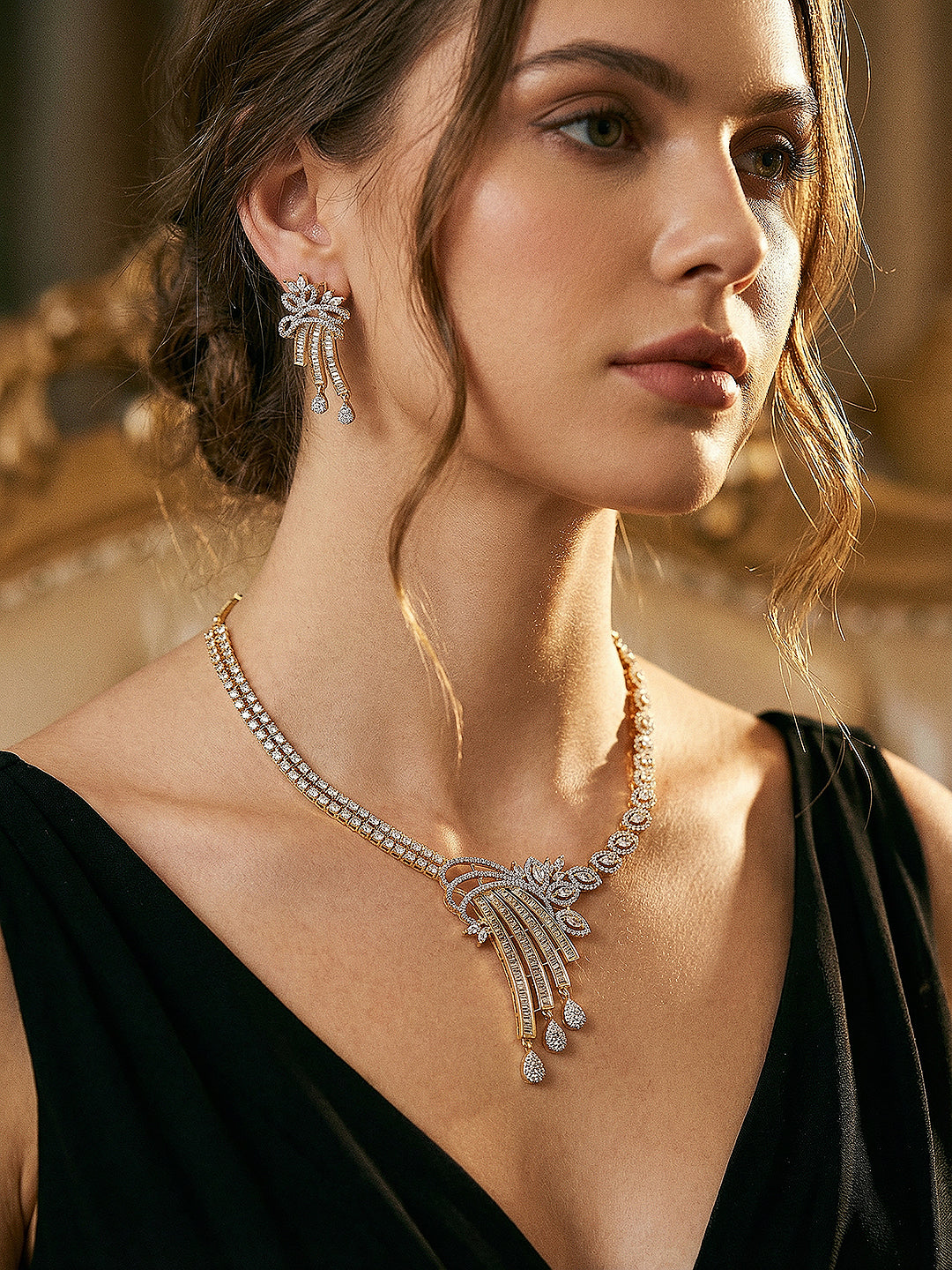 Gold Toned White AD Zircon Studded Peacock Motif Contemporary Necklace Jewellery Set