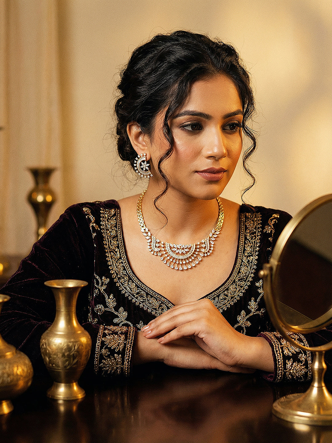 Gold Toned White AD Zircon Studded  Long Haram Chain Necklace Jewellery Set