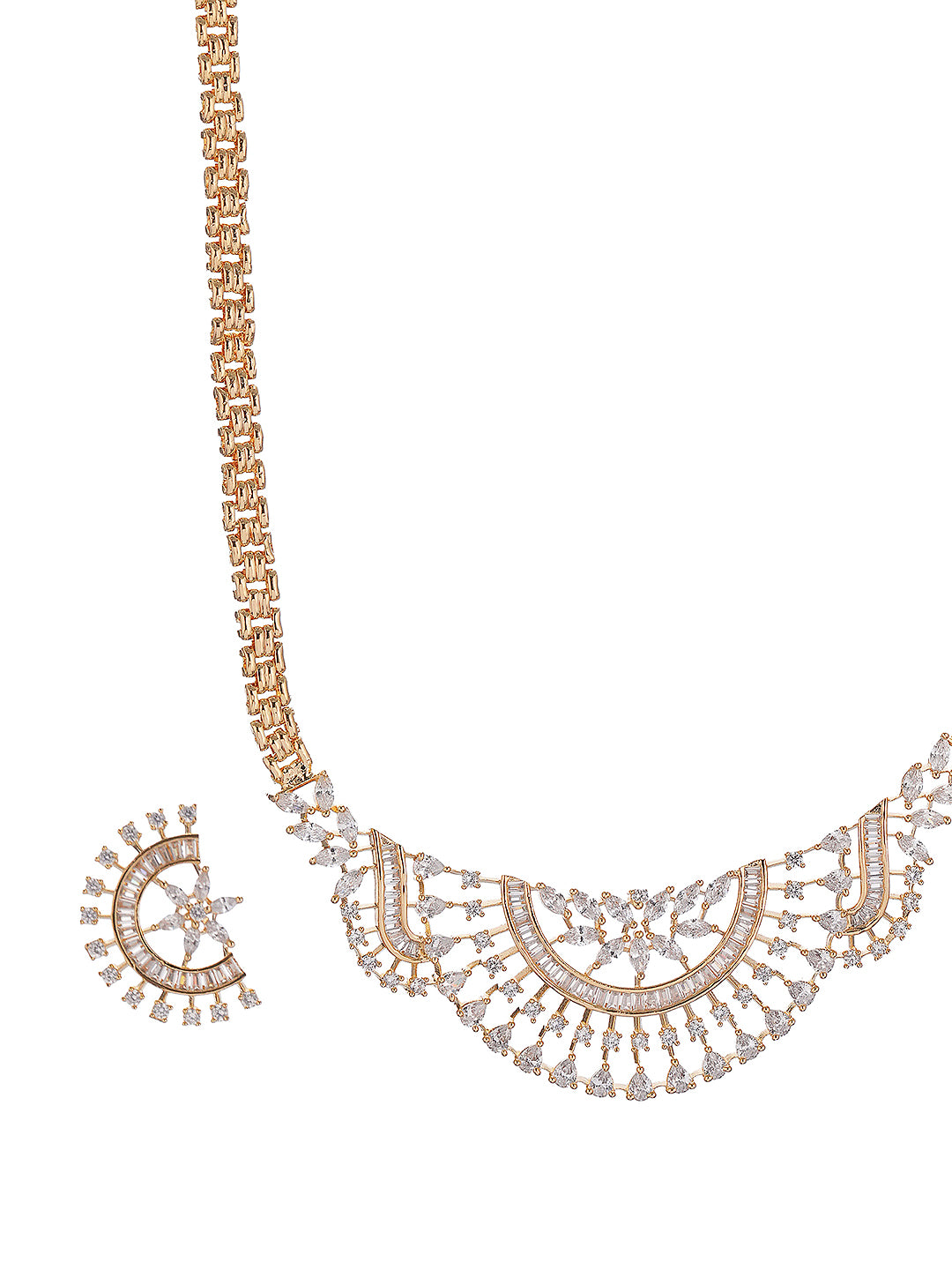 Gold Toned White AD Zircon Studded  Long Haram Chain Necklace Jewellery Set