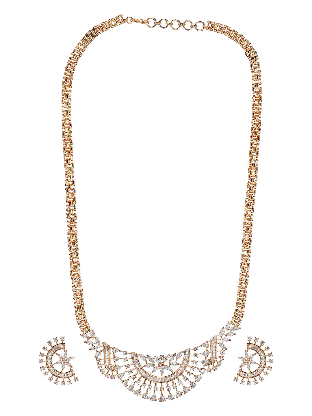 Gold Toned White AD Zircon Studded  Long Haram Chain Necklace Jewellery Set
