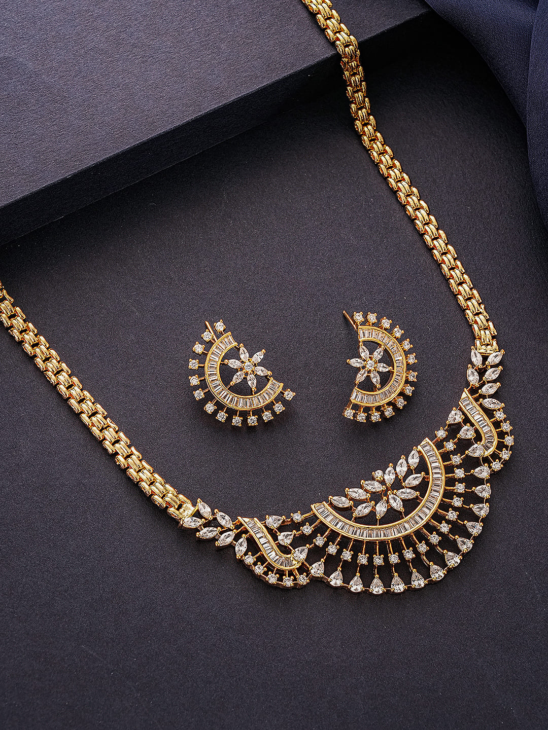 Gold Toned White AD Zircon Studded  Long Haram Chain Necklace Jewellery Set