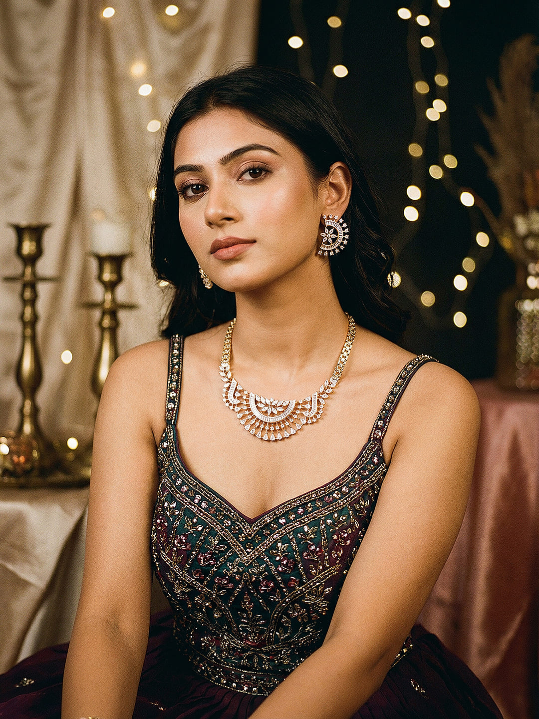 Gold Toned White AD Zircon Studded  Long Haram Chain Necklace Jewellery Set