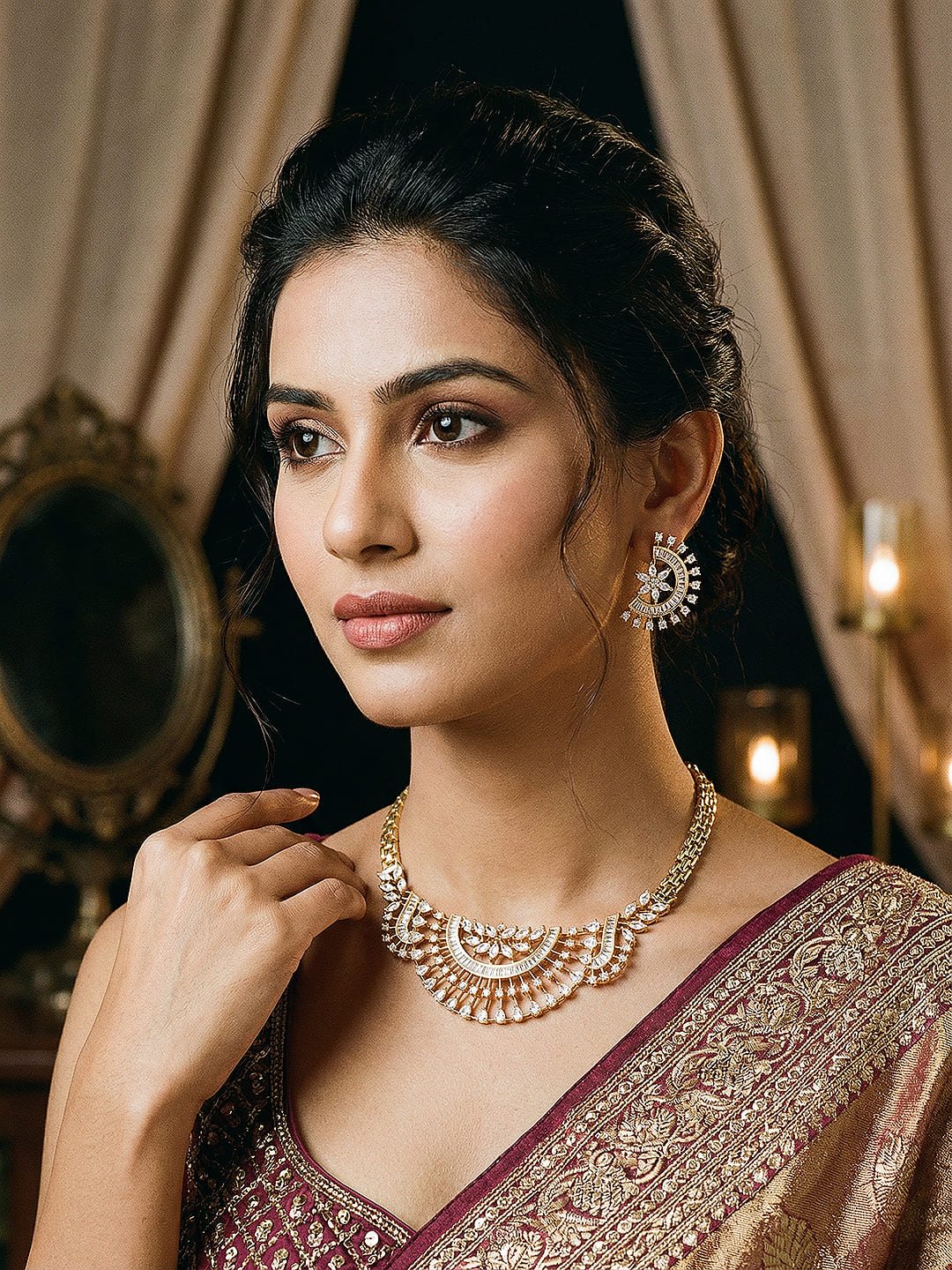 Gold Toned White AD Zircon Studded  Long Haram Chain Necklace Jewellery Set