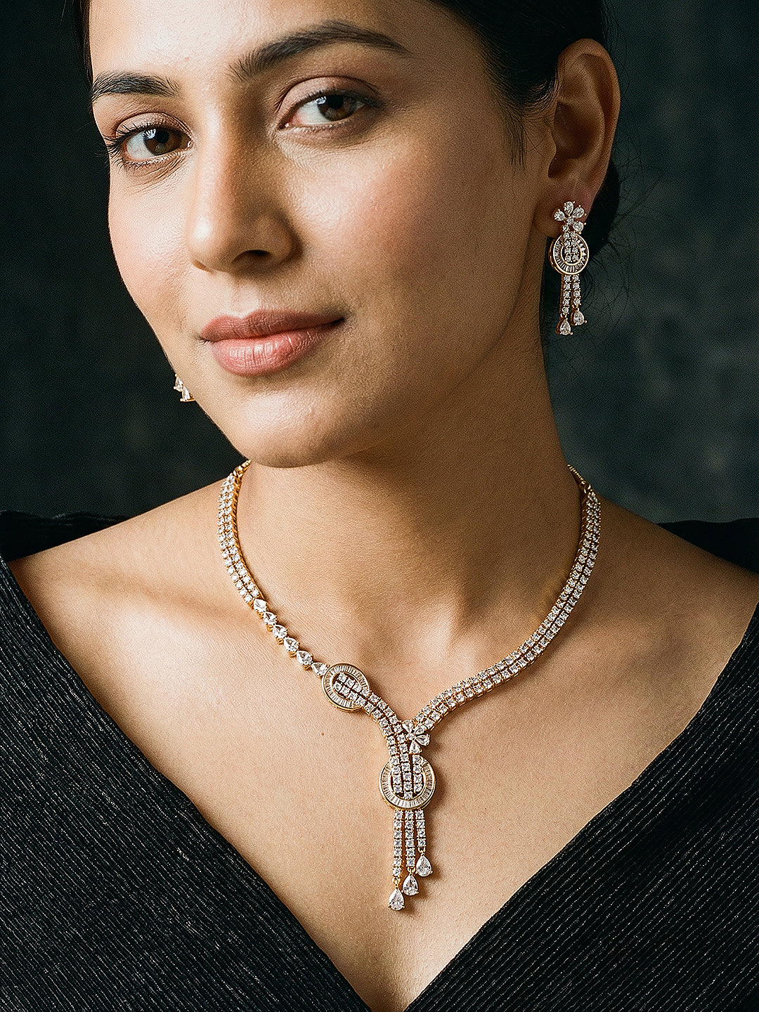 Gold Toned White AD Zircon Knotted Statement Pendant Jewellery Set