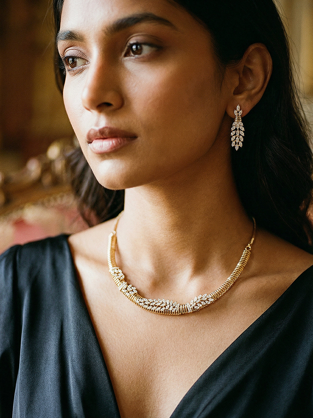 Gold Plated CZ Leaf Motif Delicate  Necklace Jewellery Set