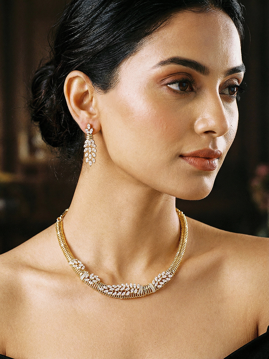 Gold Plated CZ Leaf Motif Delicate  Necklace Jewellery Set