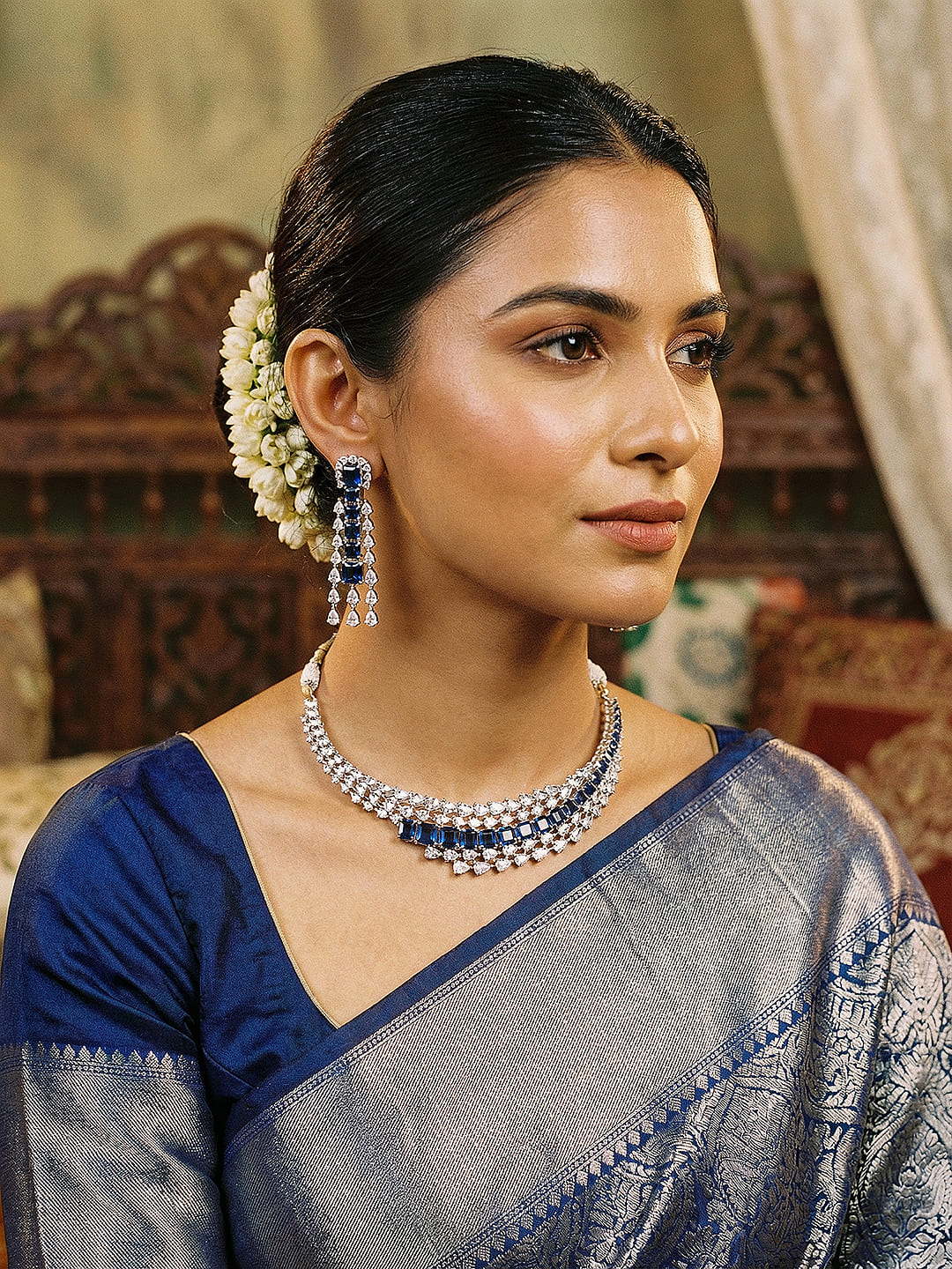 Silver Toned Sapphire Blue AD Contemporary Statement Choker Jewellery Set