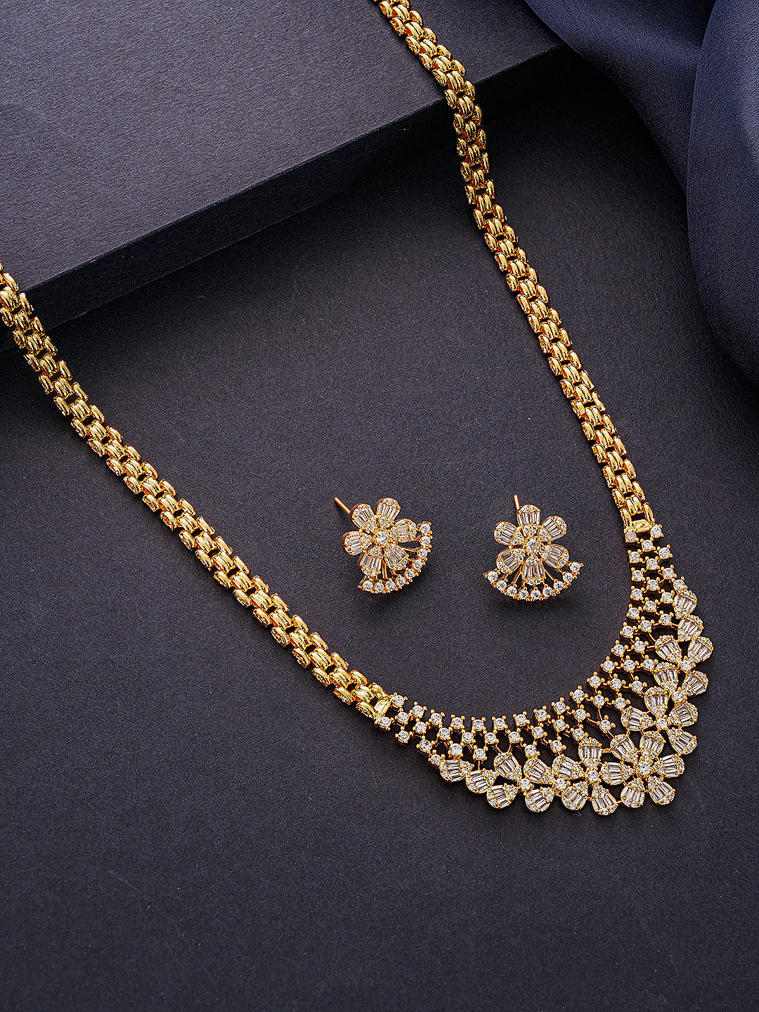 Gold Plated White AD Zircon Studded Long Haram Chain Jewellery Set
