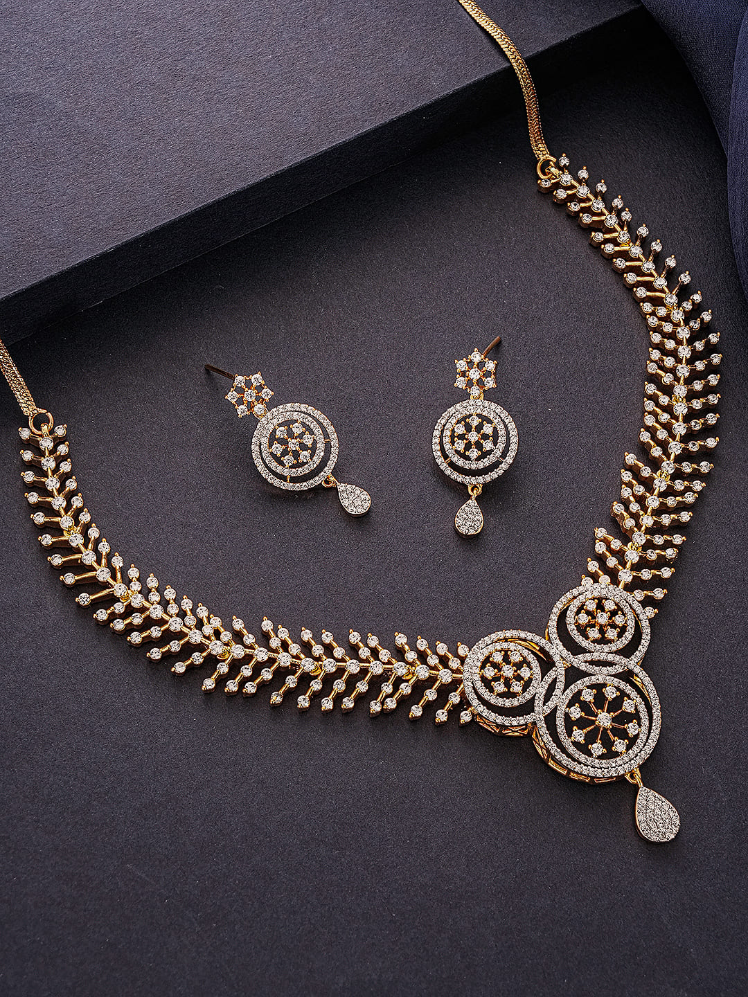 Gold Toned White AD  Zircon Studded Floral Statement Jewellery Set