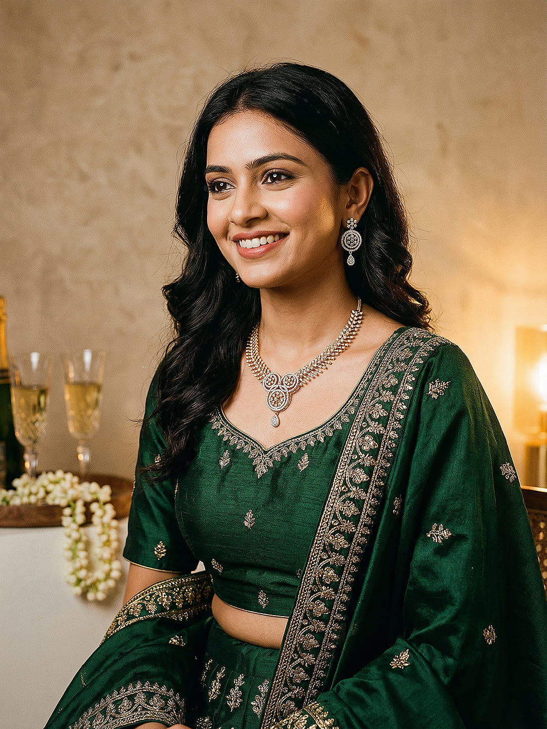 Gold Toned White AD  Zircon Studded Floral Statement Jewellery Set