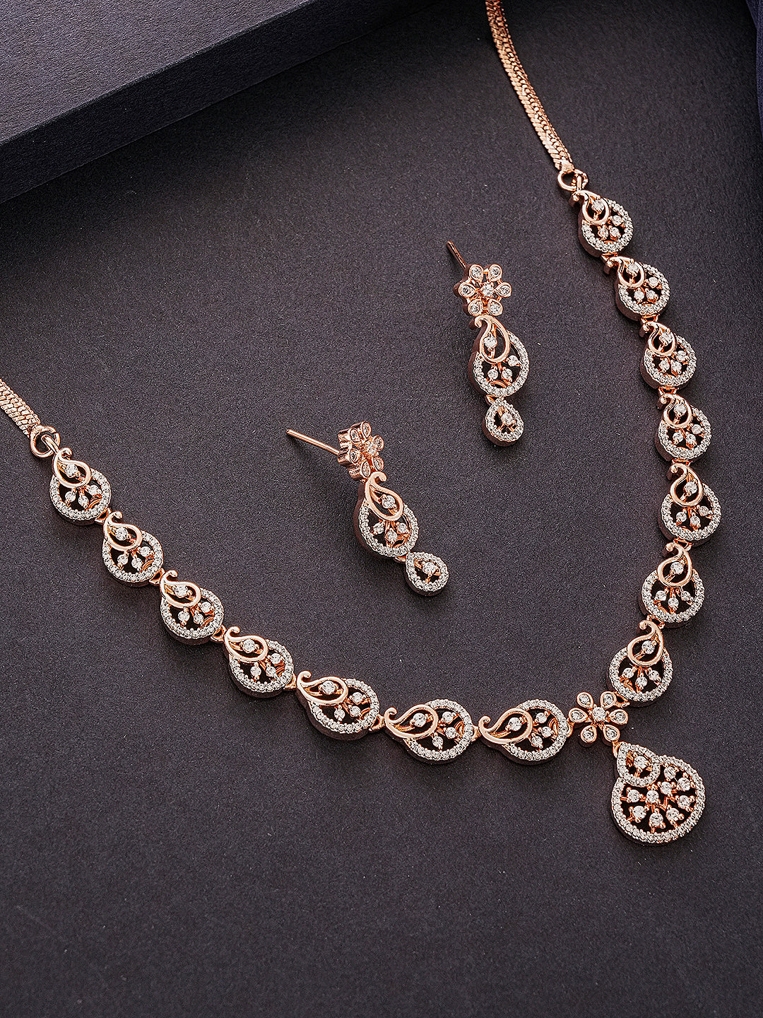 Rose Toned White AD  Zircon Studded Mango Design Statement Jewellery Set