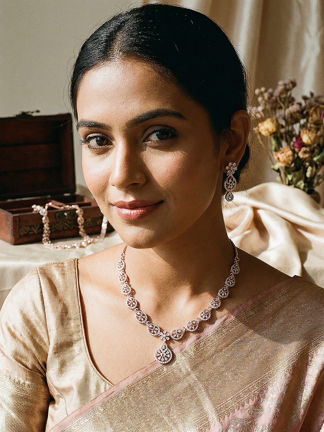 Rose Toned White AD  Zircon Studded Mango Design Statement Jewellery Set