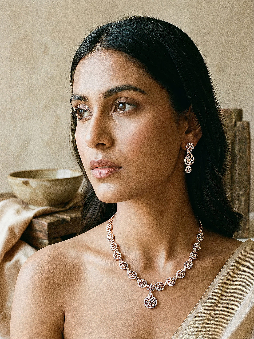 Rose Toned White AD  Zircon Studded Mango Design Statement Jewellery Set