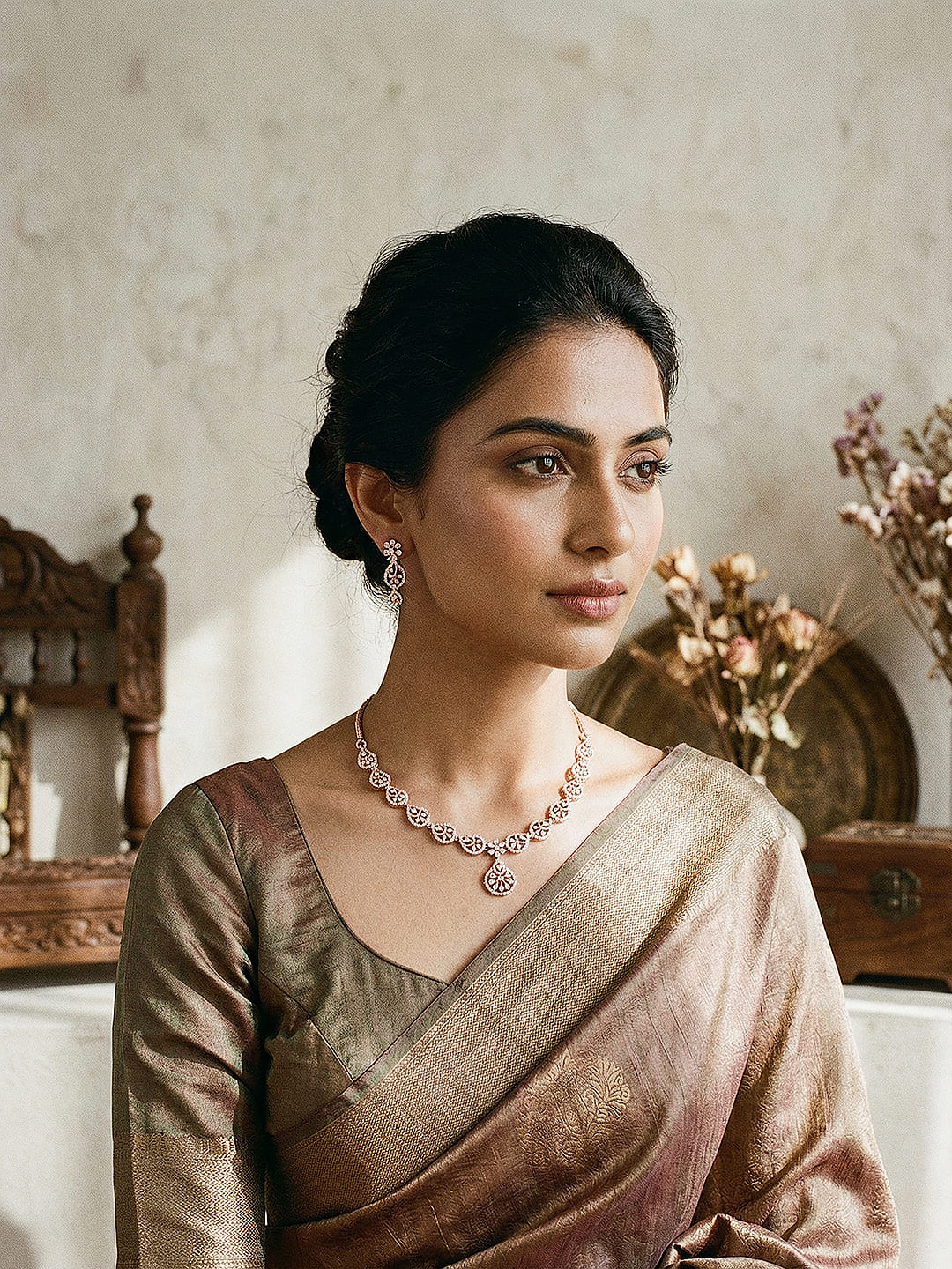 Rose Toned White AD  Zircon Studded Mango Design Statement Jewellery Set