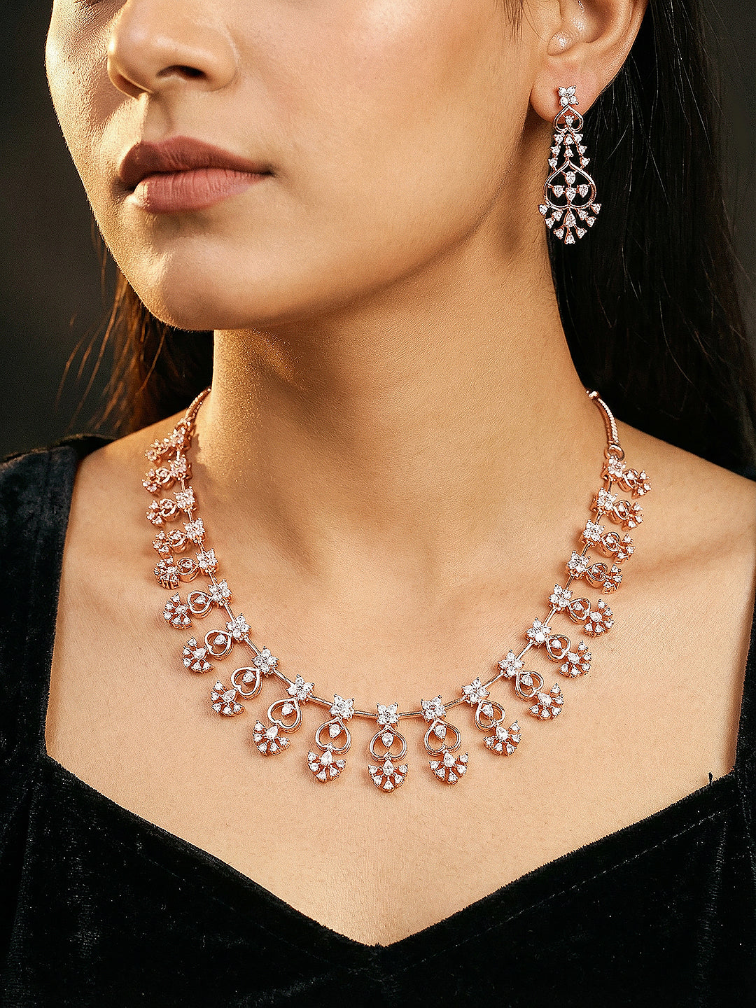 Rose Gold Plated White AD Zircon Studded Elegant Jewellery Set