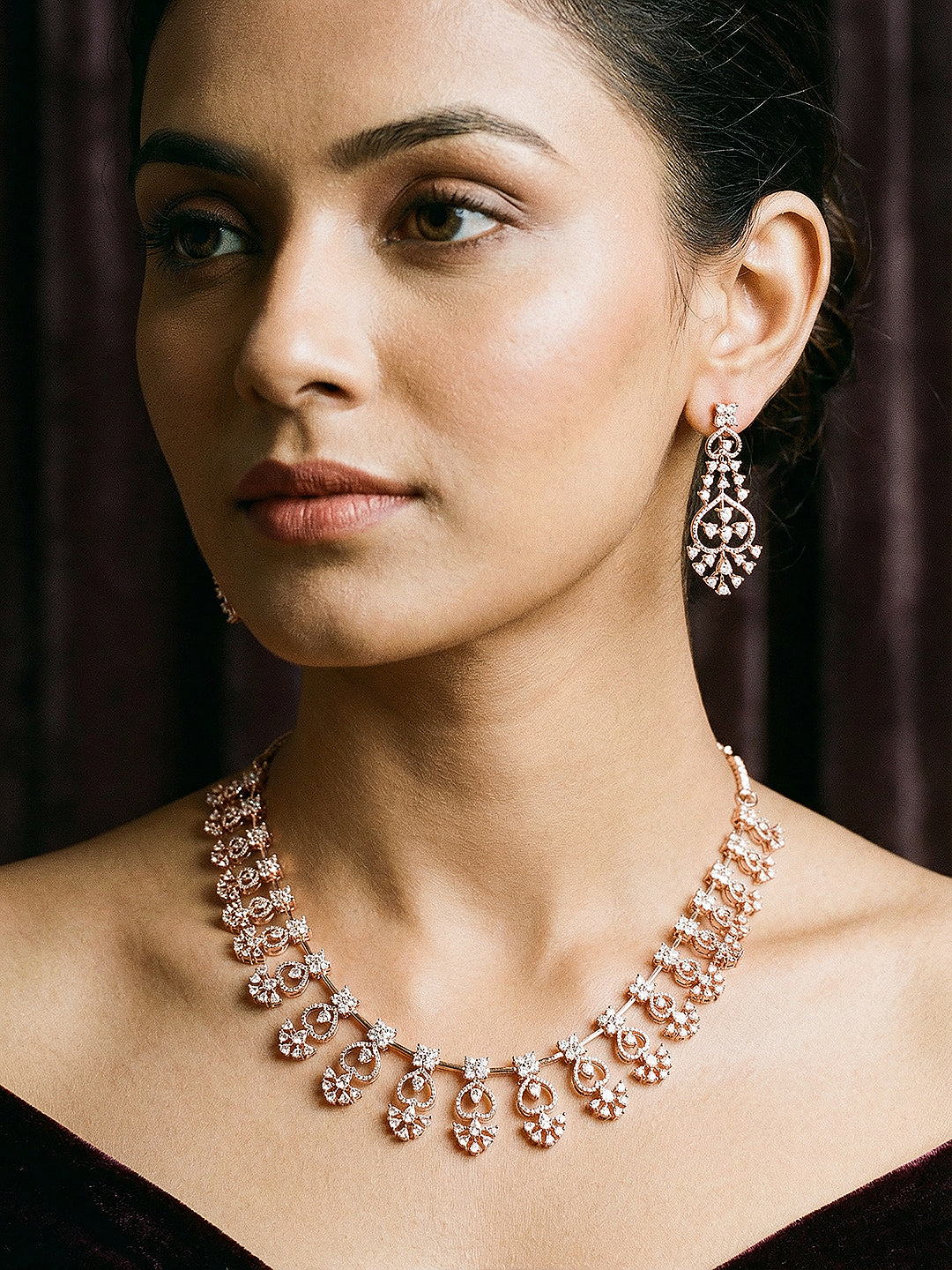 Rose Gold Plated White AD Zircon Studded Elegant Jewellery Set