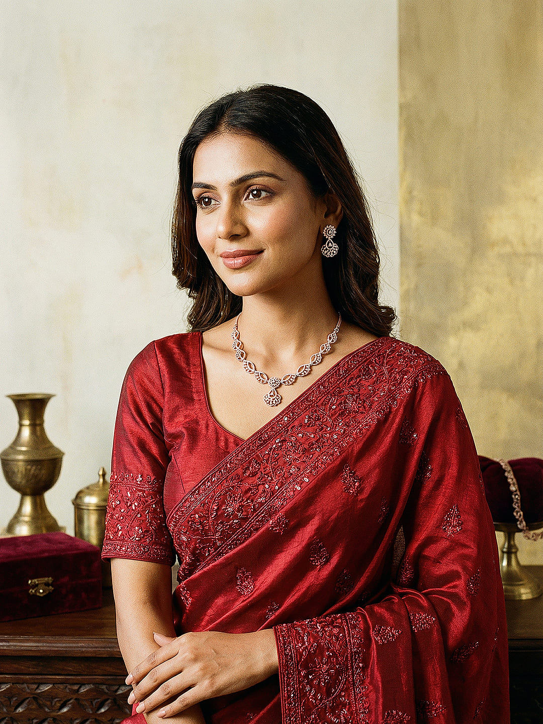 Rose Toned White AD Zircon Studded Contemporary Jewellery Set