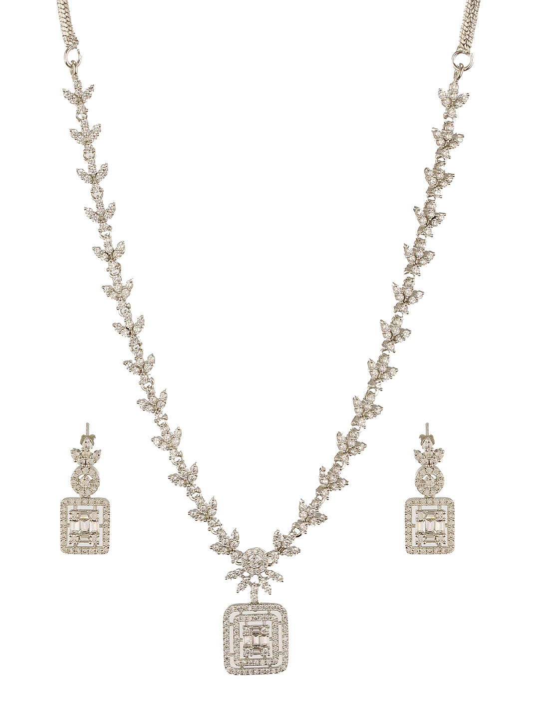 White Rhodium Cubic  Zircon Studded Delicate Square Pendant  Necklace Jewellery  Set