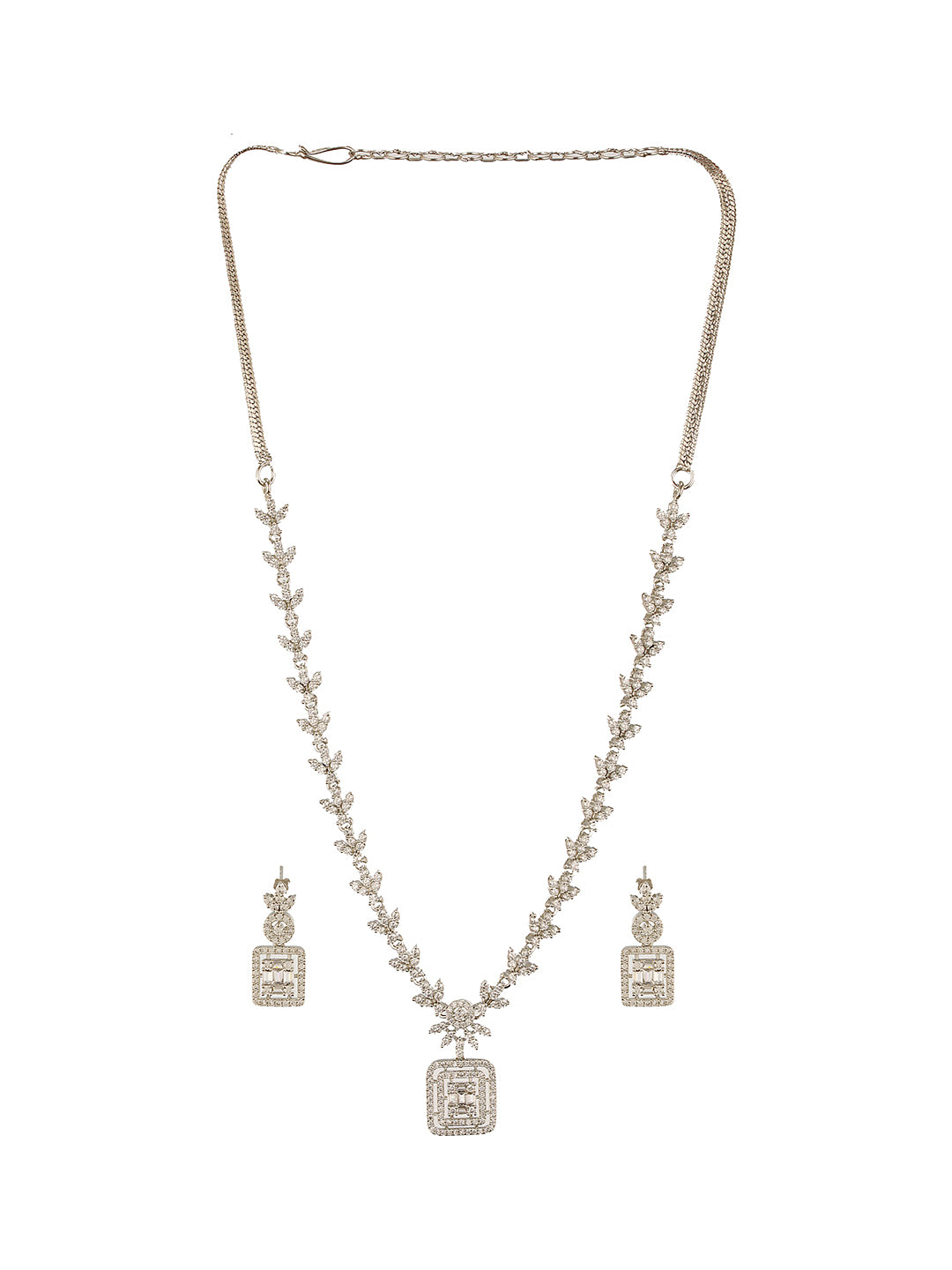 White Rhodium Cubic  Zircon Studded Delicate Square Pendant  Necklace Jewellery  Set