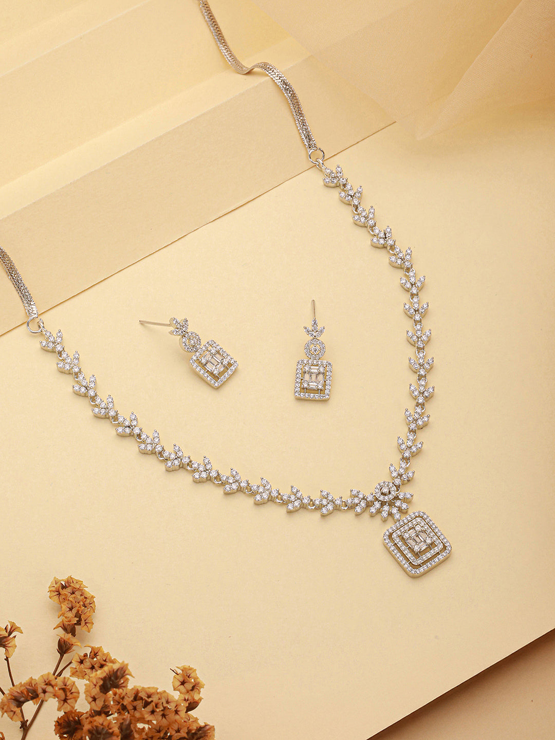 White Rhodium Cubic  Zircon Studded Delicate Square Pendant  Necklace Jewellery  Set