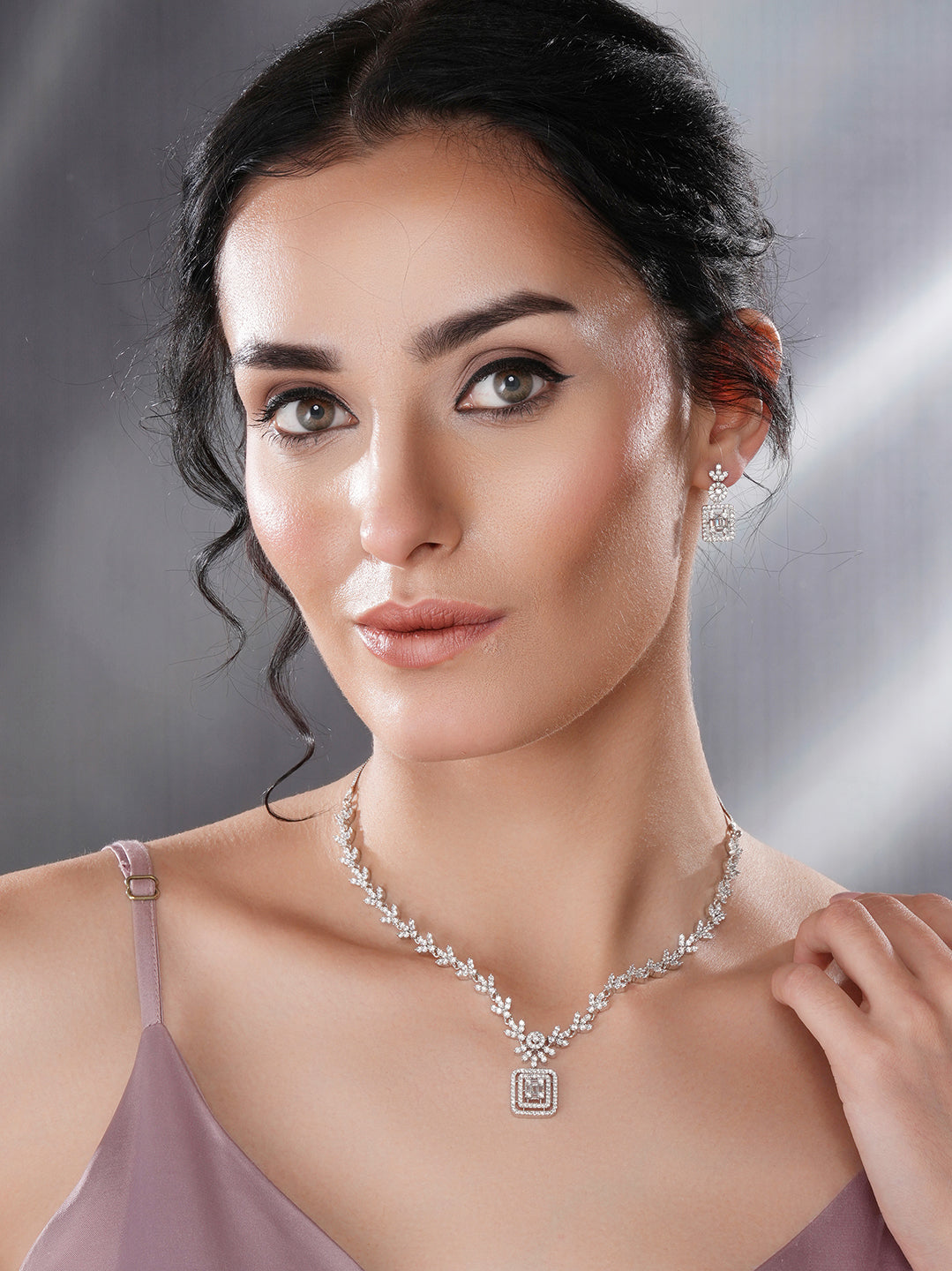 White Rhodium Cubic  Zircon Studded Delicate Square Pendant  Necklace Jewellery  Set